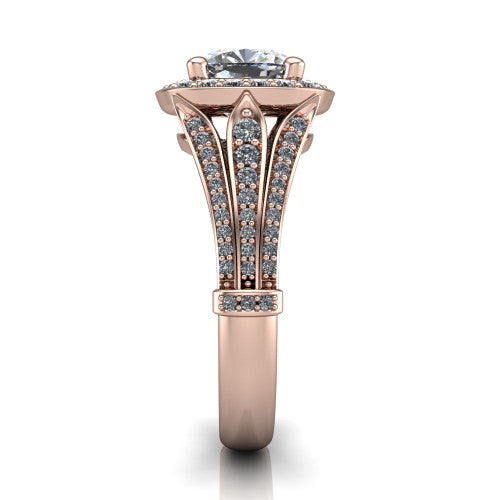 Joy cushion halo engagement ring in 14K Rose Gold, side profile showing the pav&eacute; split shank, ornate diamond-set base, and squared halo in profile