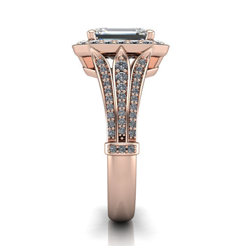 Joy emerald halo engagement ring in 18K Rose Gold, side profile showing the pav&eacute; split shank, ornate diamond-set base, and squared halo in profile