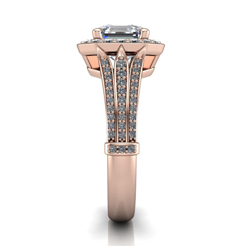Joy square emerald halo engagement ring in 18K Rose Gold, side profile showing the pav&eacute; split shank, ornate diamond-set base, and squared halo in profile