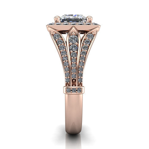 Joy princess halo engagement ring in 18K Rose Gold, side profile showing the pav&eacute; split shank, ornate diamond-set base, and squared halo in profile