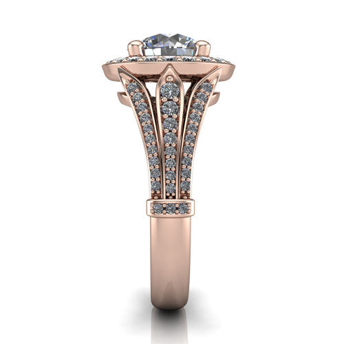 Joy round halo engagement ring in 14K Rose Gold, side profile showing the pav&eacute; split shank, ornate diamond-set base, and squared halo in profile