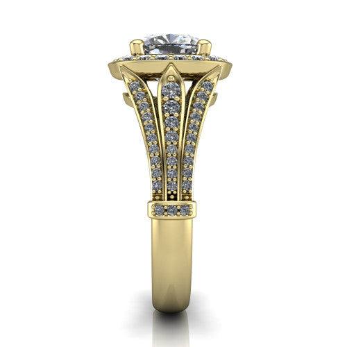 Joy cushion halo engagement ring in 18K Yellow Gold, side profile showing the pav&eacute; split shank, ornate diamond-set base, and squared halo in profile