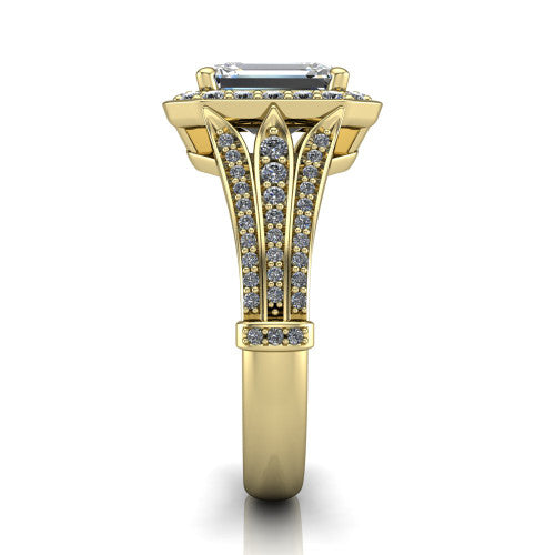 Joy emerald halo engagement ring in 14K Yellow Gold, side profile showing the pav&eacute; split shank, ornate diamond-set base, and squared halo in profile