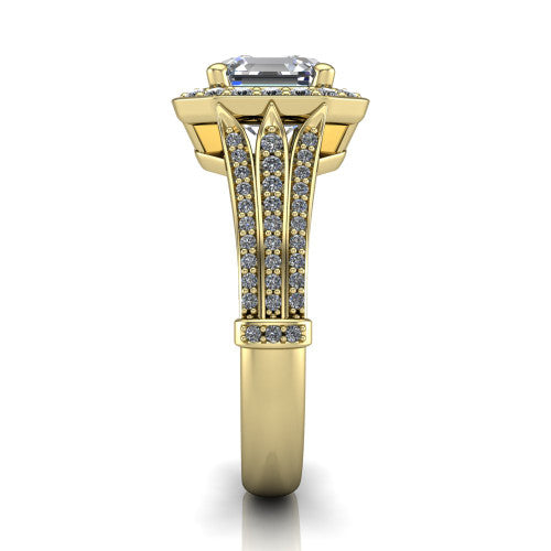 Joy square emerald halo engagement ring in 14K Yellow Gold, side profile showing the pav&eacute; split shank, ornate diamond-set base, and squared halo in profile