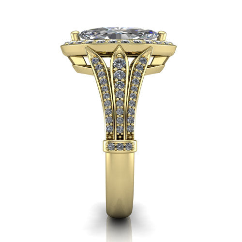 Joy marquise halo engagement ring in 18K Yellow Gold, side profile showing the pav&eacute; split shank, ornate diamond-set base, and squared halo in profile