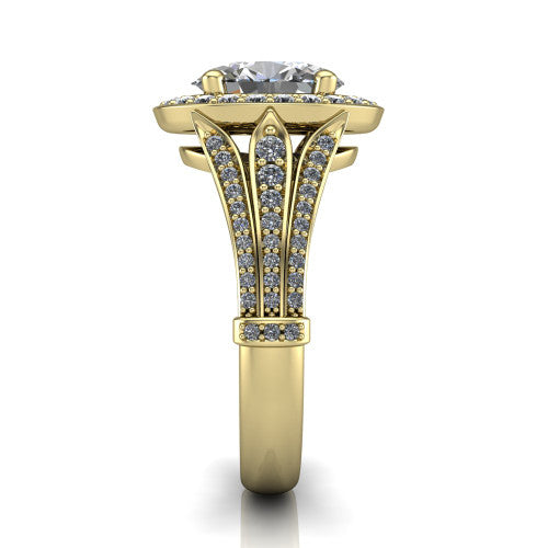 Joy oval halo engagement ring in 18K Yellow Gold, side profile showing the pav&eacute; split shank, ornate diamond-set base, and squared halo in profile