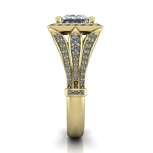 Joy princess halo engagement ring in 14K Yellow Gold, side profile showing the pav&eacute; split shank, ornate diamond-set base, and squared halo in profile