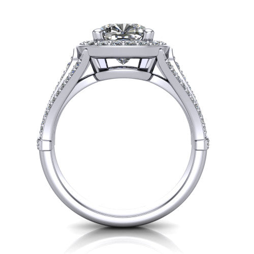 Joy cushion halo engagement ring in Platinum, through-finger front profile showing the halo head raised above the open under-gallery and split shank