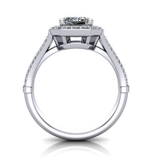 Joy emerald halo engagement ring in 14K White Gold, through-finger front profile showing the halo head raised above the open under-gallery and split shank