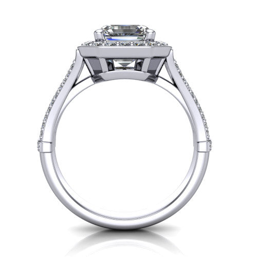 Joy square emerald halo engagement ring in 18K White Gold, through-finger front profile showing the halo head raised above the open under-gallery and split shank
