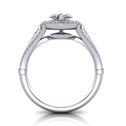 Joy marquise halo engagement ring in Platinum, through-finger front profile showing the halo head raised above the open under-gallery and split shank