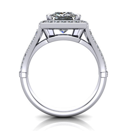 Joy princess halo engagement ring in 14K White Gold, through-finger front profile showing the halo head raised above the open under-gallery and split shank