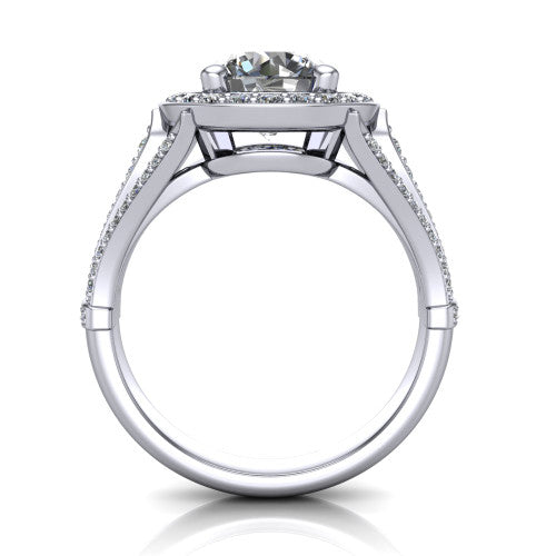 Joy round halo engagement ring in 14K White Gold, through-finger front profile showing the halo head raised above the open under-gallery and split shank