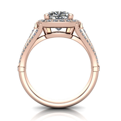 Joy cushion halo engagement ring in 14K Rose Gold, through-finger front profile showing the halo head raised above the open under-gallery and split shank