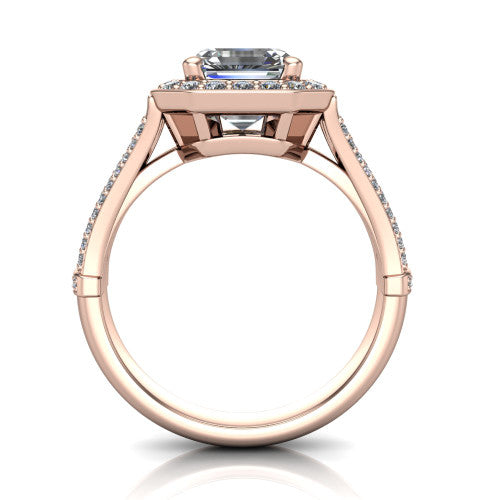 Joy square emerald halo engagement ring in 18K Rose Gold, through-finger front profile showing the halo head raised above the open under-gallery and split shank