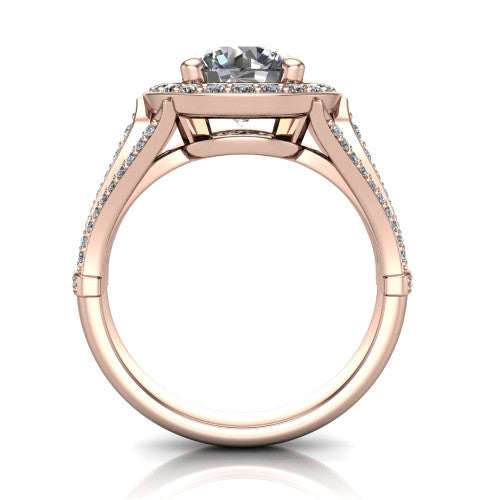 Joy round halo engagement ring in 14K Rose Gold, through-finger front profile showing the halo head raised above the open under-gallery and split shank