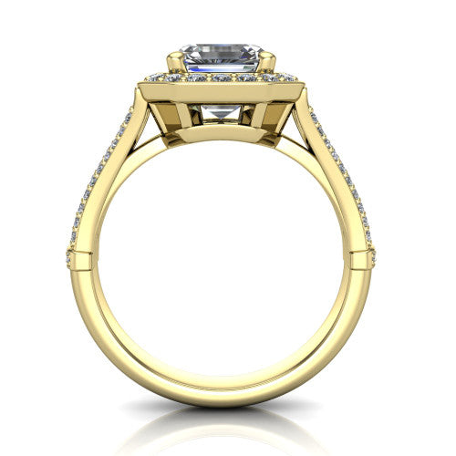 Joy square emerald halo engagement ring in 18K Yellow Gold, through-finger front profile showing the halo head raised above the open under-gallery and split shank