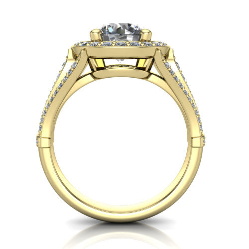 Joy round halo engagement ring in 14K Yellow Gold, through-finger front profile showing the halo head raised above the open under-gallery and split shank