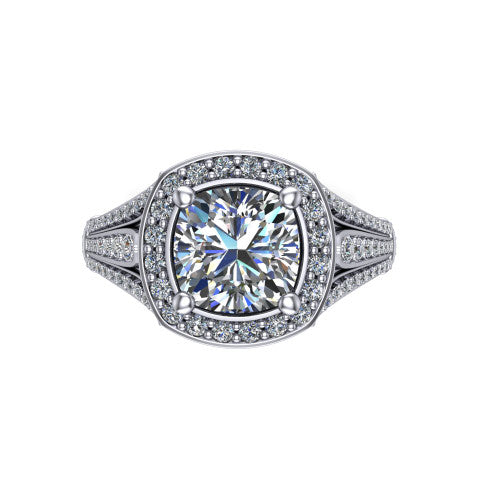 Joy cushion halo engagement ring in 18K White Gold, top-down view showing the squared pav&eacute; halo framing the cushion center from above