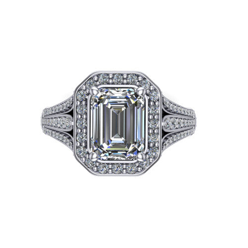 Joy emerald halo engagement ring in 14K White Gold, top-down view showing the squared pav&eacute; halo framing the emerald center from above