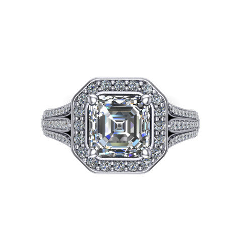 Joy square emerald halo engagement ring in 18K White Gold, top-down view showing the squared pav&eacute; halo framing the square emerald center from above