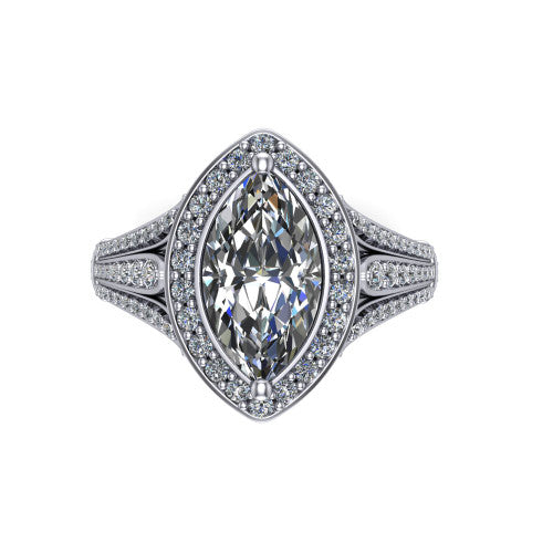 Joy marquise halo engagement ring in 14K White Gold, top-down view showing the squared pav&eacute; halo framing the marquise center from above