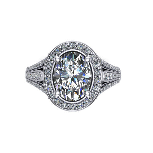 Joy oval halo engagement ring in 14K White Gold, top-down view showing the squared pav&eacute; halo framing the oval center from above