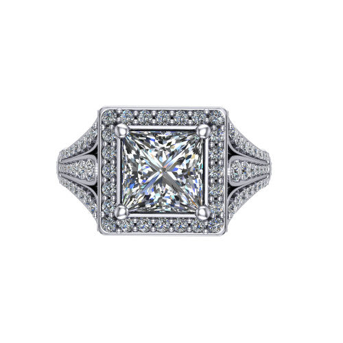 Joy princess halo engagement ring in Platinum, top-down view showing the squared pav&eacute; halo framing the princess center from above
