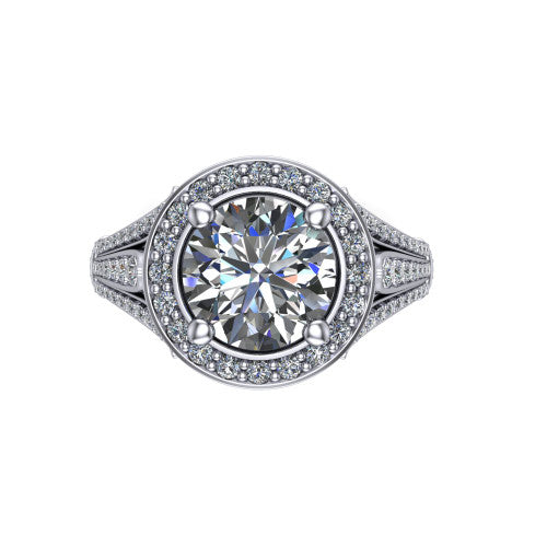 Joy round halo engagement ring in 18K White Gold, top-down view showing the squared pav&eacute; halo framing the round center from above