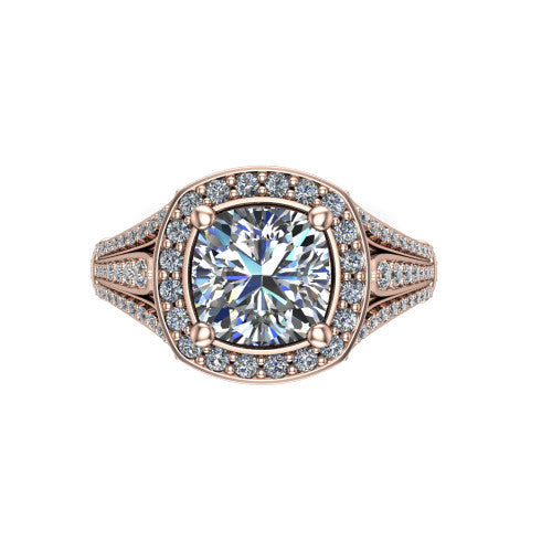 Joy cushion halo engagement ring in 18K Rose Gold, top-down view showing the squared pav&eacute; halo framing the cushion center from above