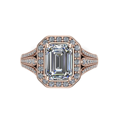 Joy emerald halo engagement ring in 14K Rose Gold, top-down view showing the squared pav&eacute; halo framing the emerald center from above