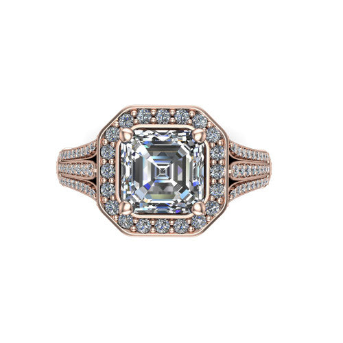 Joy square emerald halo engagement ring in 18K Rose Gold, top-down view showing the squared pav&eacute; halo framing the square emerald center from above