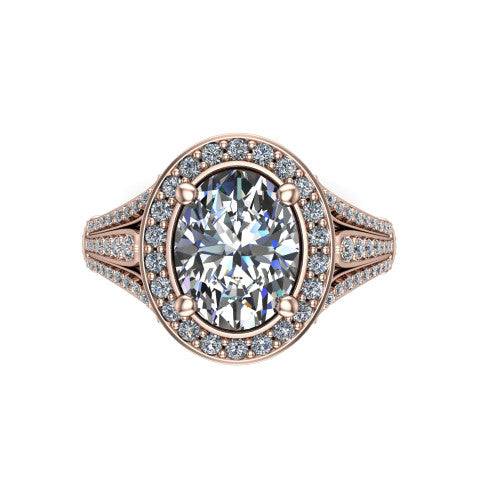 Joy oval halo engagement ring in 14K Rose Gold, top-down view showing the squared pav&eacute; halo framing the oval center from above