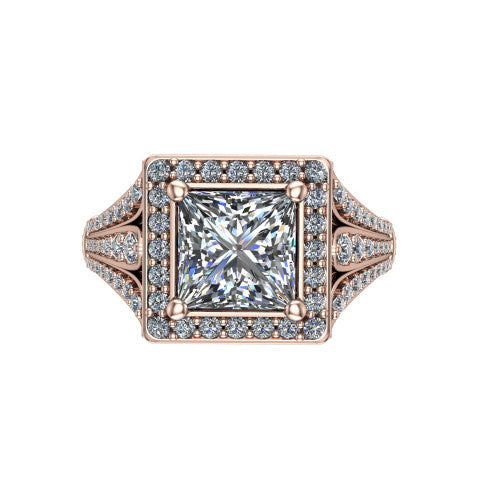 Joy princess halo engagement ring in 14K Rose Gold, top-down view showing the squared pav&eacute; halo framing the princess center from above