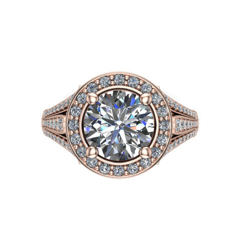 Joy round halo engagement ring in 14K Rose Gold, top-down view showing the squared pav&eacute; halo framing the round center from above