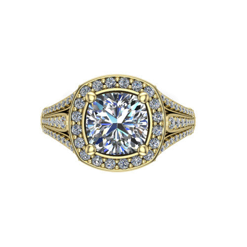 Joy cushion halo engagement ring in 14K Yellow Gold, top-down view showing the squared pav&eacute; halo framing the cushion center from above