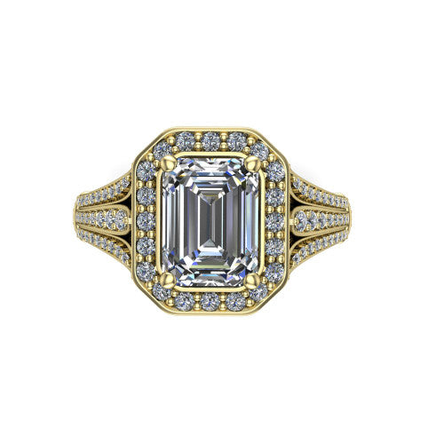 Joy emerald halo engagement ring in 18K Yellow Gold, top-down view showing the squared pav&eacute; halo framing the emerald center from above