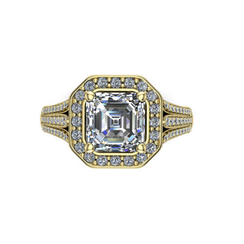 Joy square emerald halo engagement ring in 14K Yellow Gold, top-down view showing the squared pav&eacute; halo framing the square emerald center from above