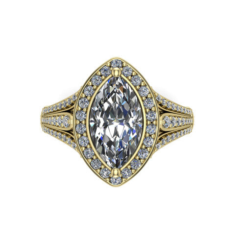 Joy marquise halo engagement ring in 14K Yellow Gold, top-down view showing the squared pav&eacute; halo framing the marquise center from above