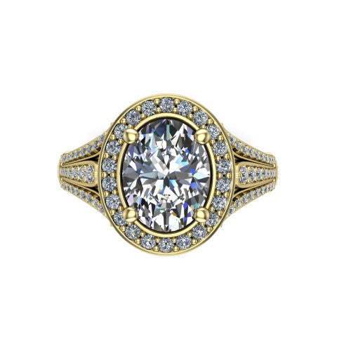 Joy oval halo engagement ring in 18K Yellow Gold, top-down view showing the squared pav&eacute; halo framing the oval center from above