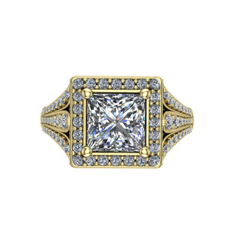 Joy princess halo engagement ring in 14K Yellow Gold, top-down view showing the squared pav&eacute; halo framing the princess center from above