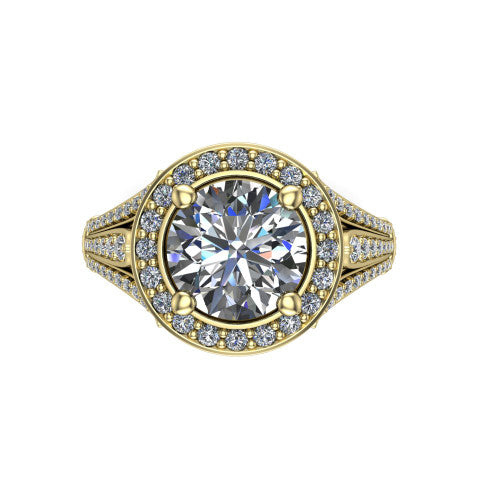Joy round halo engagement ring in 14K Yellow Gold, top-down view showing the squared pav&eacute; halo framing the round center from above