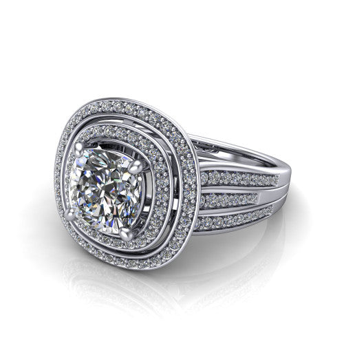 Stephanie cushion double halo engagement ring in 14K White Gold, three-quarter perspective showing the cushion center in a double pav&eacute; halo above a pav&eacute; split shank