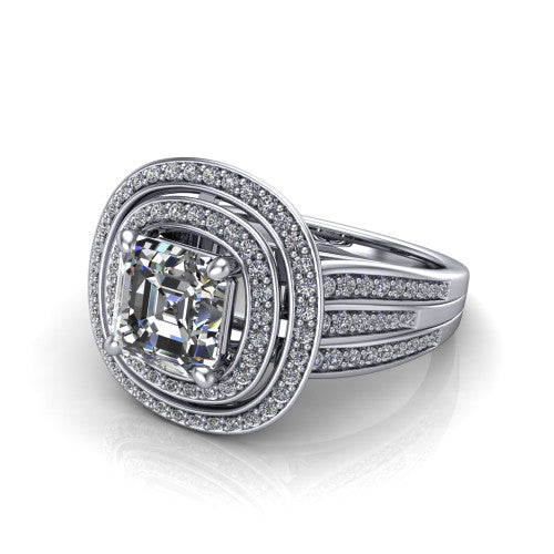 Stephanie square emerald double halo engagement ring in Platinum, three-quarter perspective showing the square emerald center in a double pav&eacute; halo above a pav&eacute; split shank