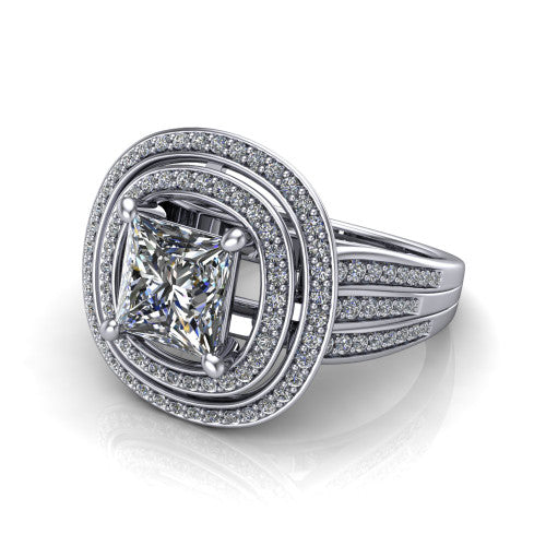 Stephanie princess double halo engagement ring in Platinum, three-quarter perspective showing the princess center in a double pav&eacute; halo above a pav&eacute; split shank