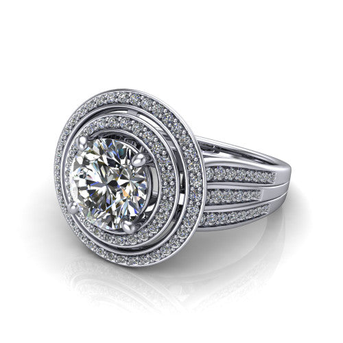 Stephanie round double halo engagement ring in Platinum, three-quarter perspective showing the round center in a double pav&eacute; halo above a pav&eacute; split shank