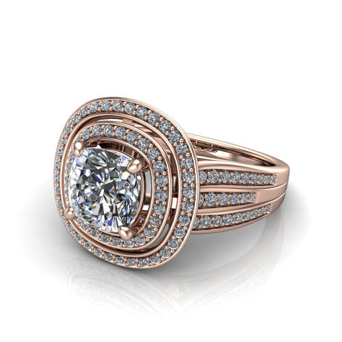Stephanie cushion double halo engagement ring in 18K Rose Gold, three-quarter perspective showing the cushion center in a double pav&eacute; halo above a pav&eacute; split shank