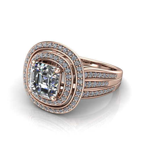Stephanie square emerald double halo engagement ring in 18K Rose Gold, three-quarter perspective showing the square emerald center in a double pav&eacute; halo above a pav&eacute; split shank