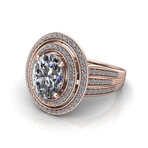 Stephanie oval double halo engagement ring in 14K Rose Gold, three-quarter perspective showing the oval center in a double pav&eacute; halo above a pav&eacute; split shank