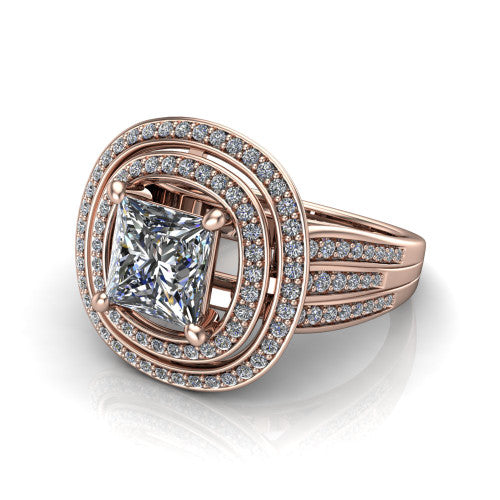 Stephanie princess double halo engagement ring in 14K Rose Gold, three-quarter perspective showing the princess center in a double pav&eacute; halo above a pav&eacute; split shank